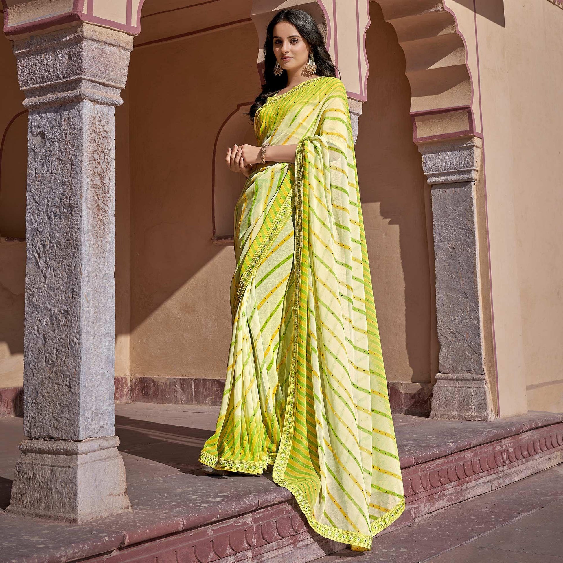 Light Green Printed With Embellished Georgette Saree