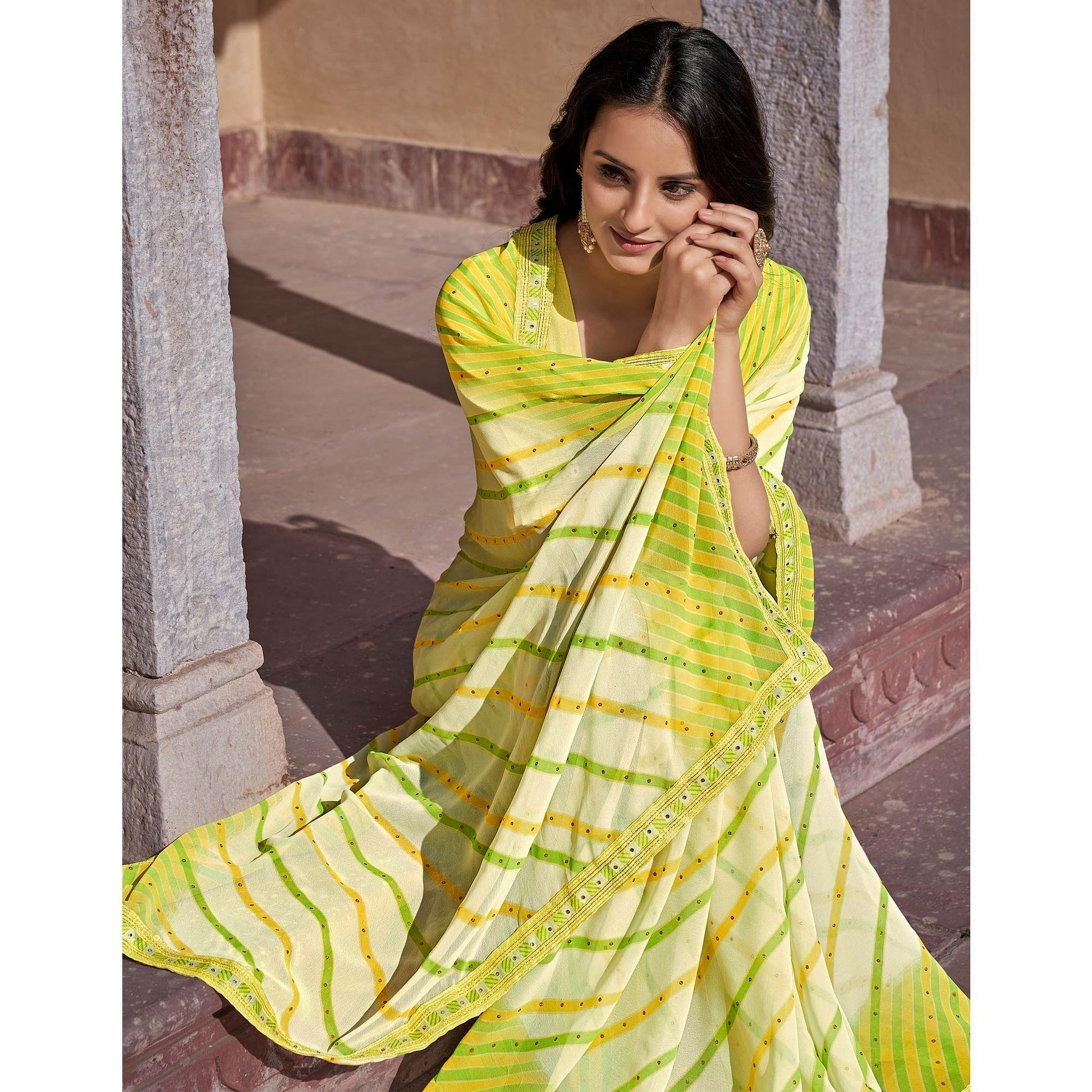 Light Green Printed With Embellished Georgette Saree