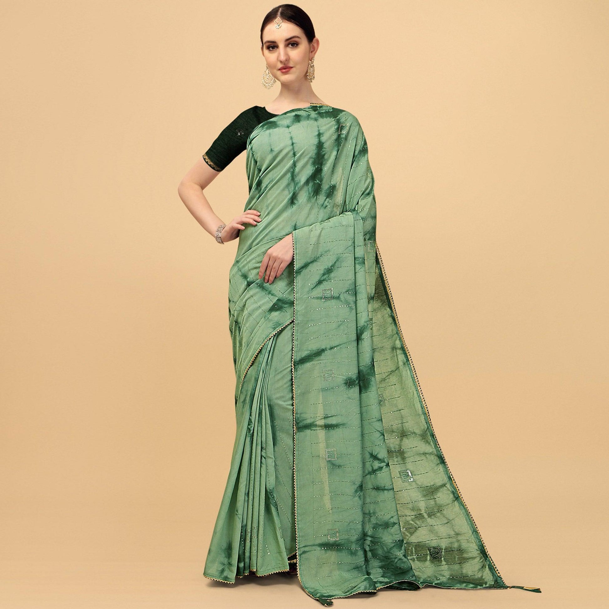 Light Green Sequins Embroidered Chanderi Saree