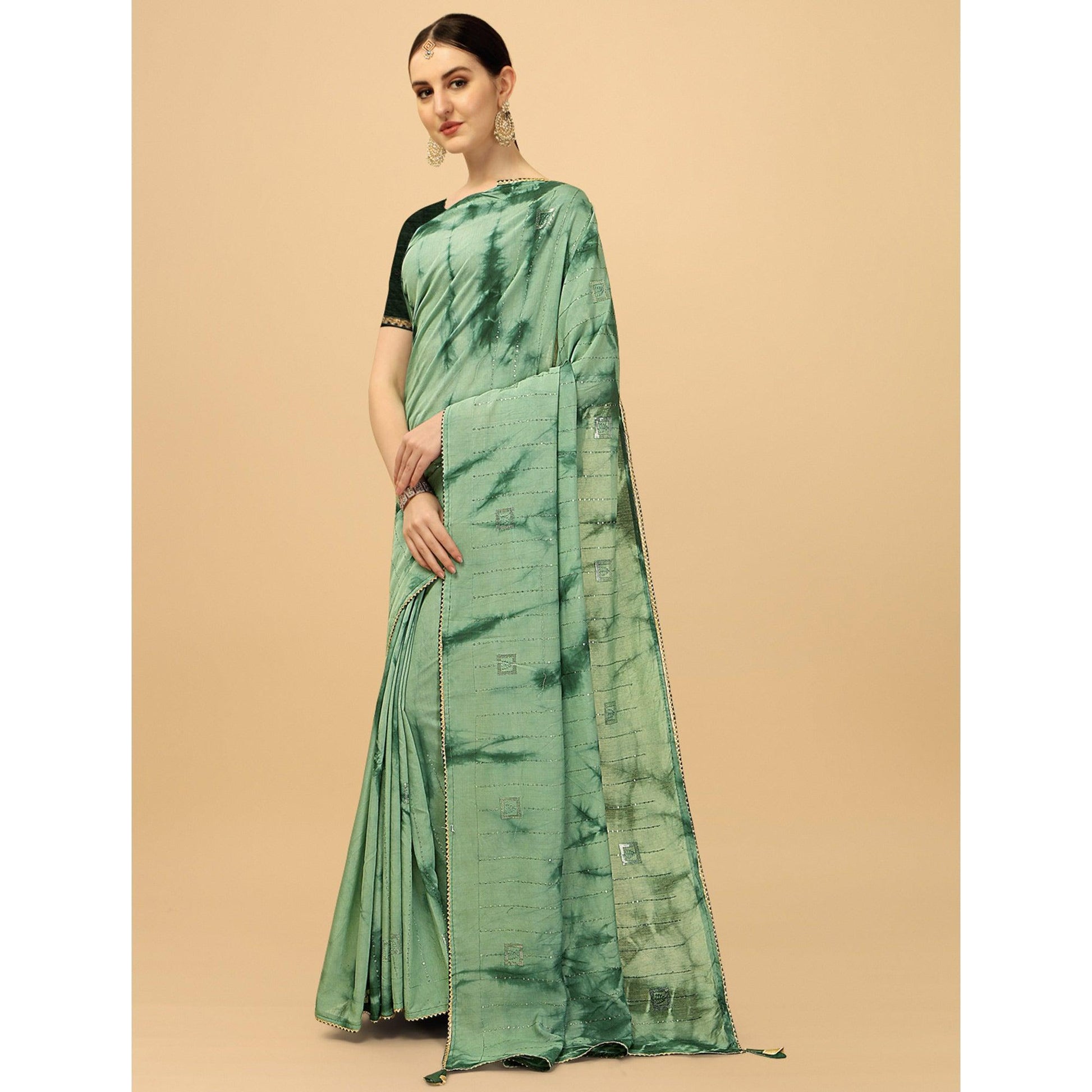 Light Green Sequins Embroidered Chanderi Saree