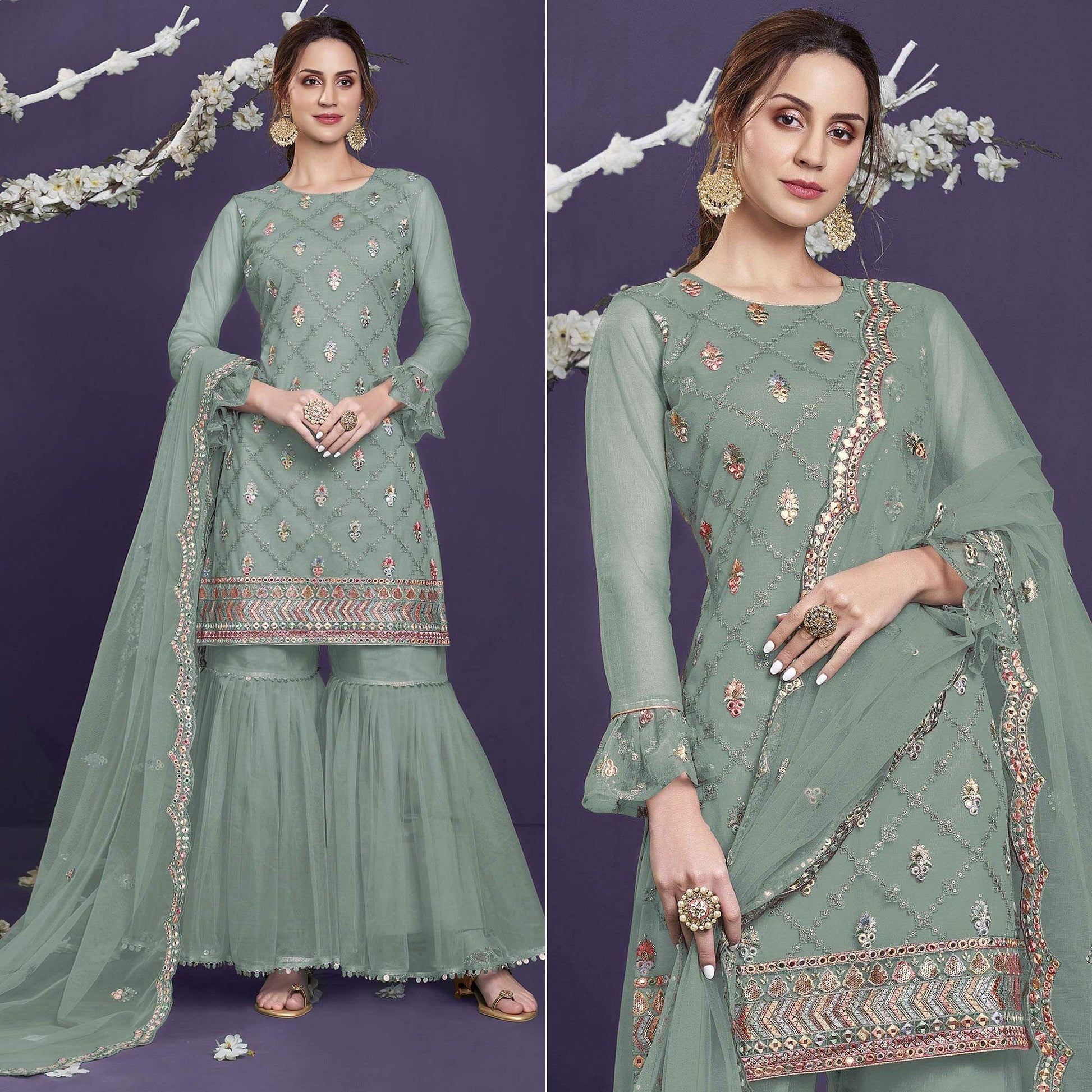 Light Green Sequins Embroidered Netted Sharara Suit