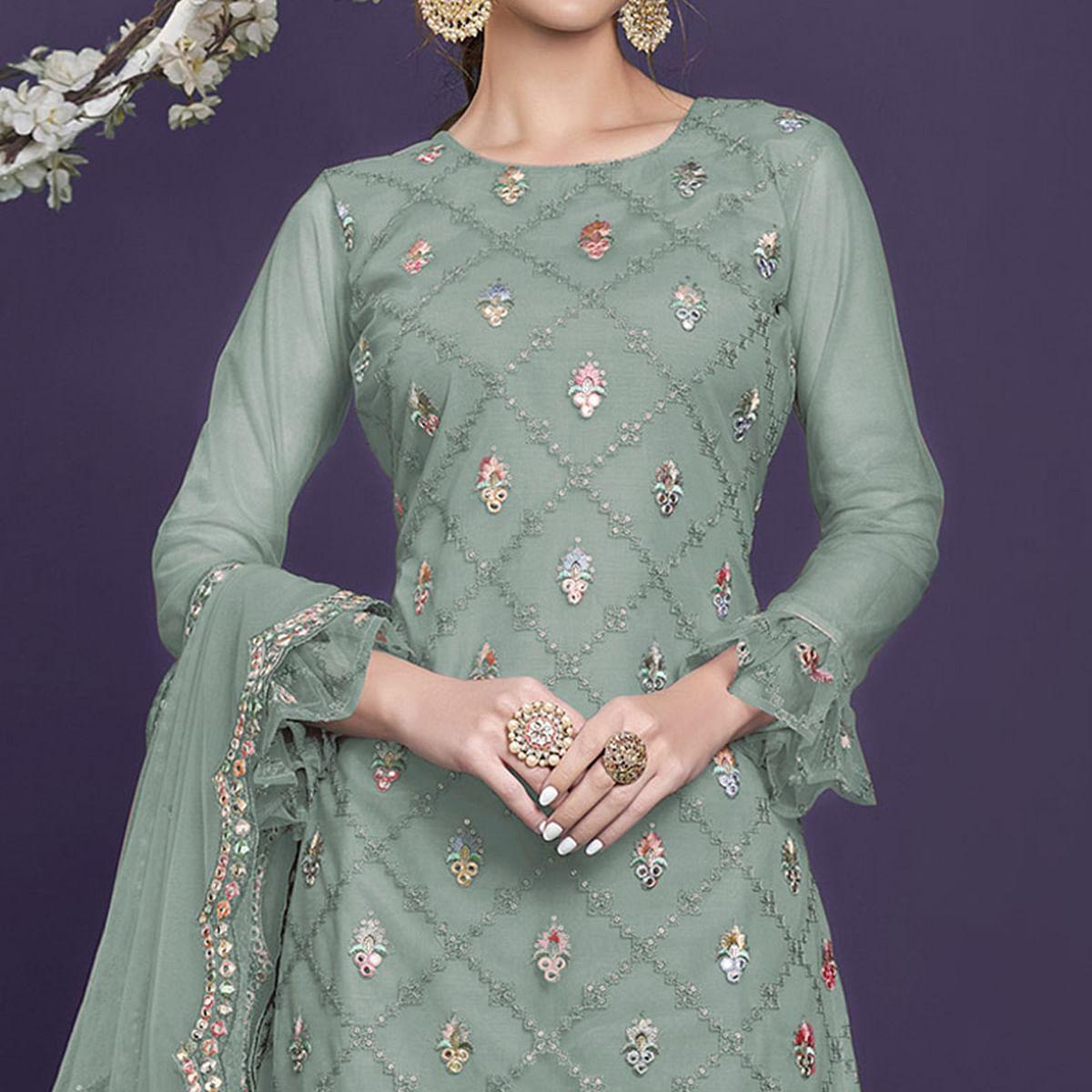 Light Green Sequins Embroidered Netted Sharara Suit