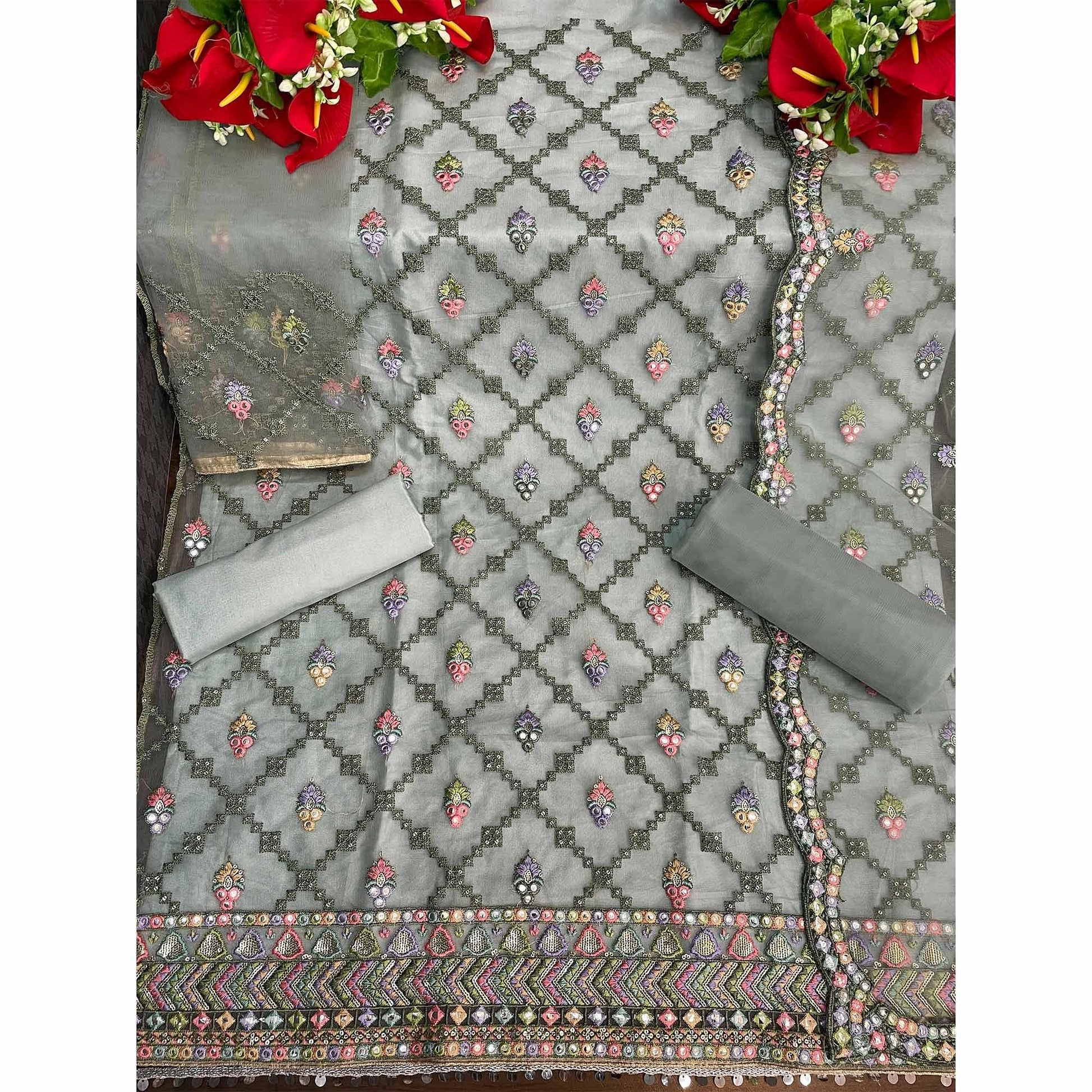 Light Green Sequins Embroidered Netted Sharara Suit
