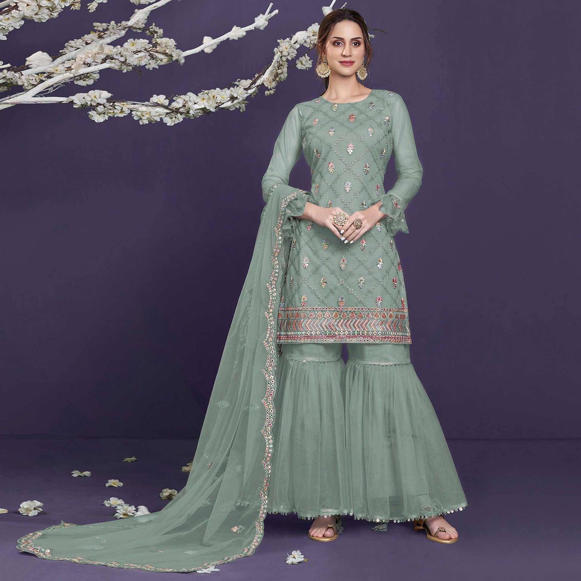 Light Green Sequins Embroidered Netted Sharara Suit