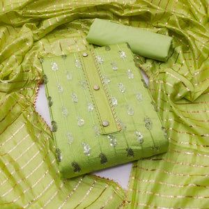 Light Green Sequins Embroidered Pure Cotton Dress Material