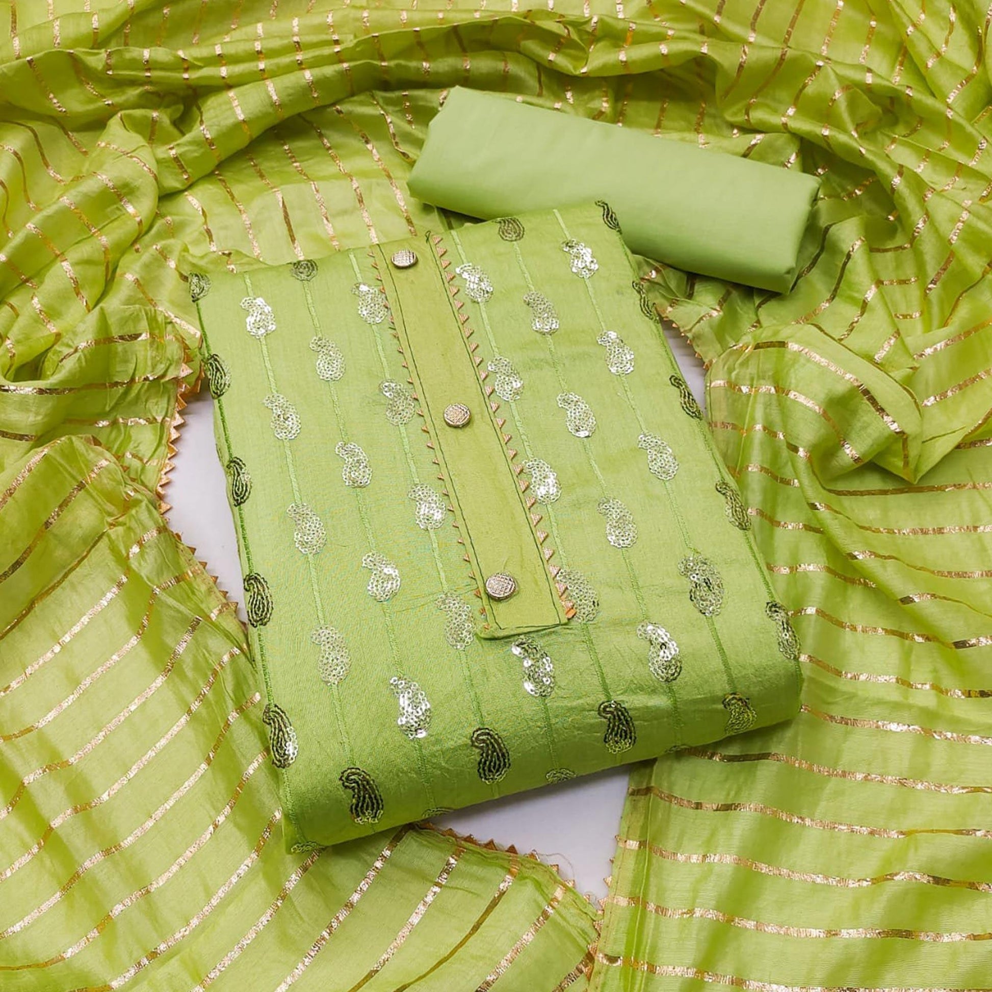 Light Green Sequins Embroidered Pure Cotton Dress Material