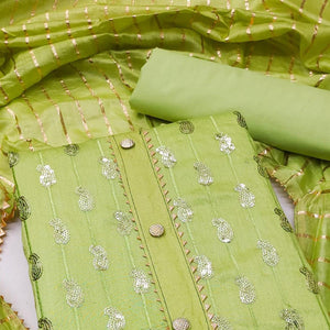Light Green Sequins Embroidered Pure Cotton Dress Material