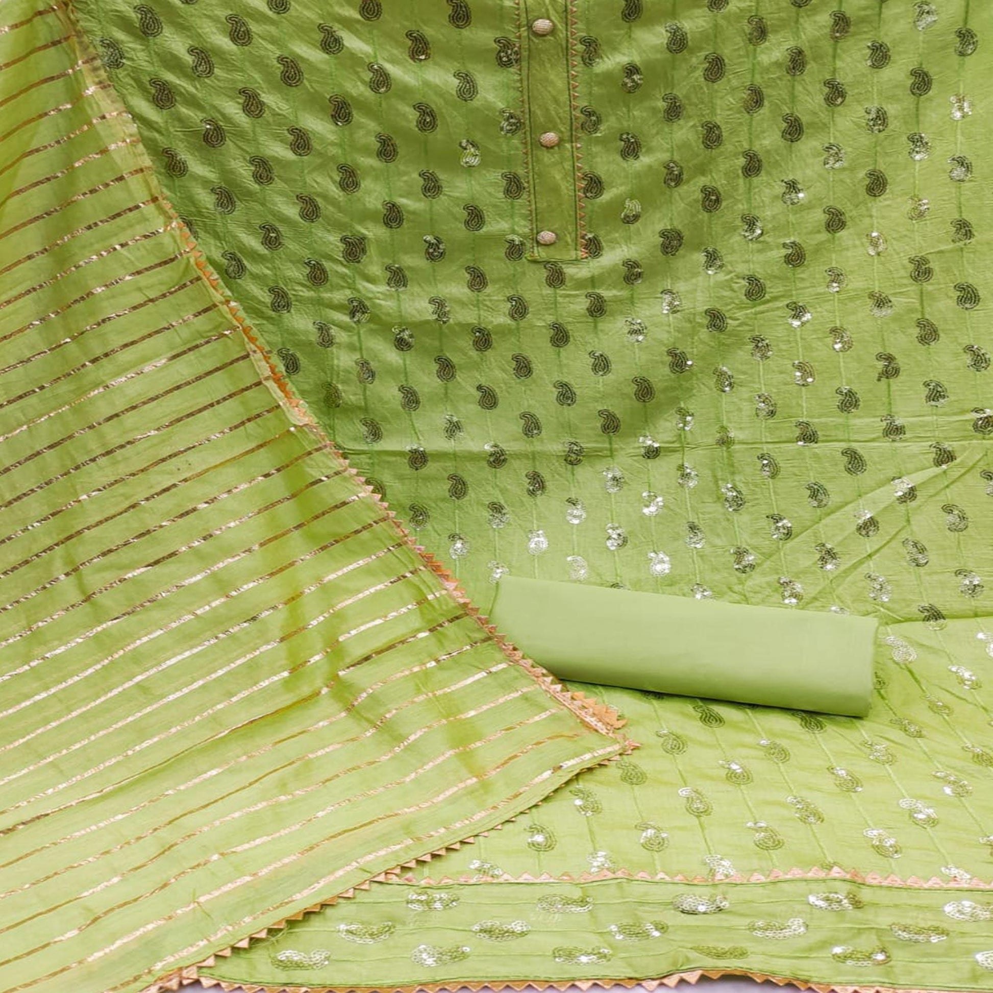 Light Green Sequins Embroidered Pure Cotton Dress Material