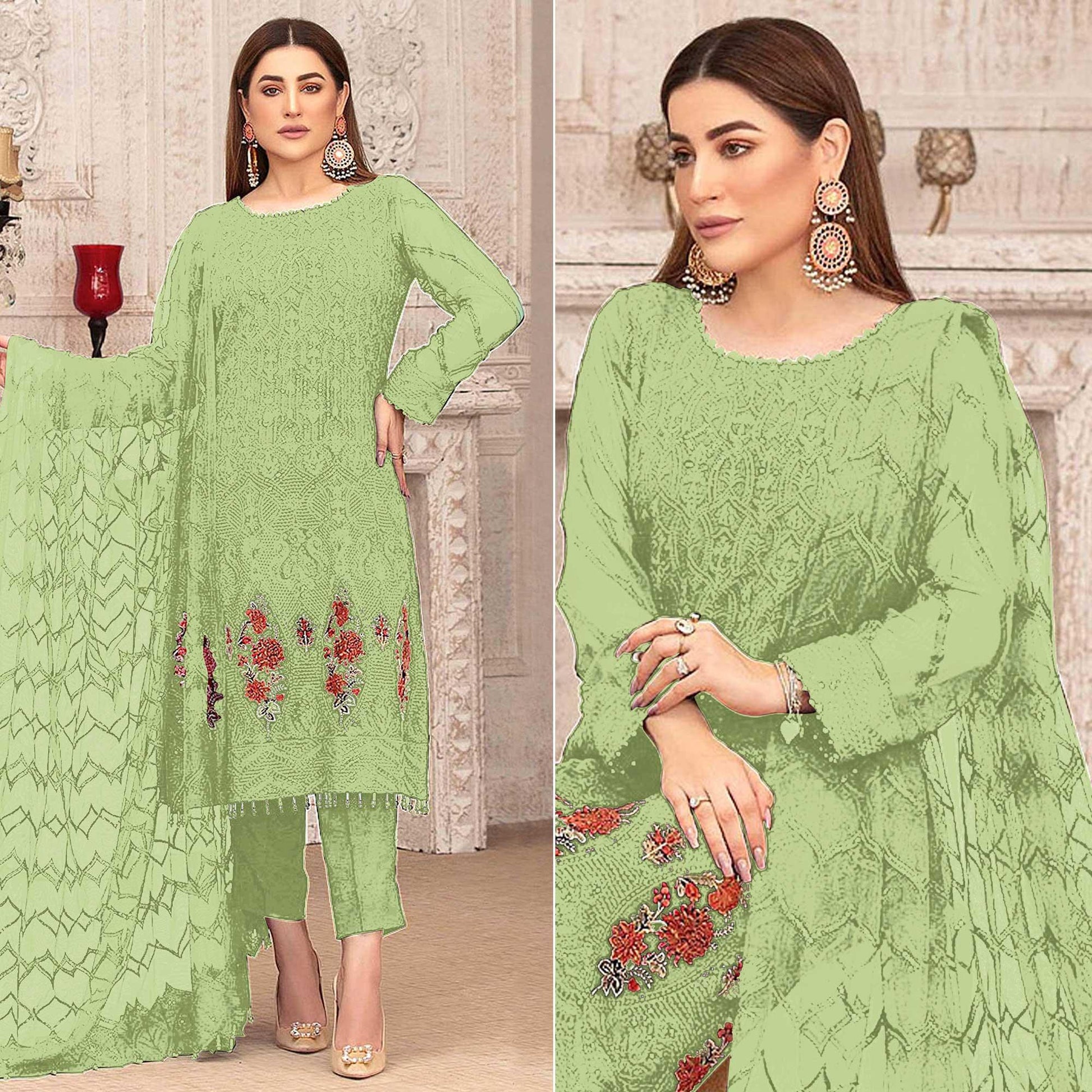 Light Green Sequins With Floral Embroidered Georgette Pakistani Suit