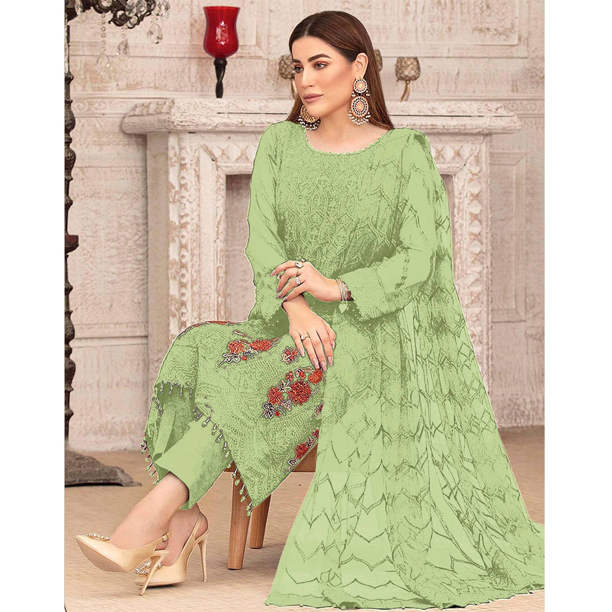 Light Green Sequins With Floral Embroidered Georgette Pakistani Suit