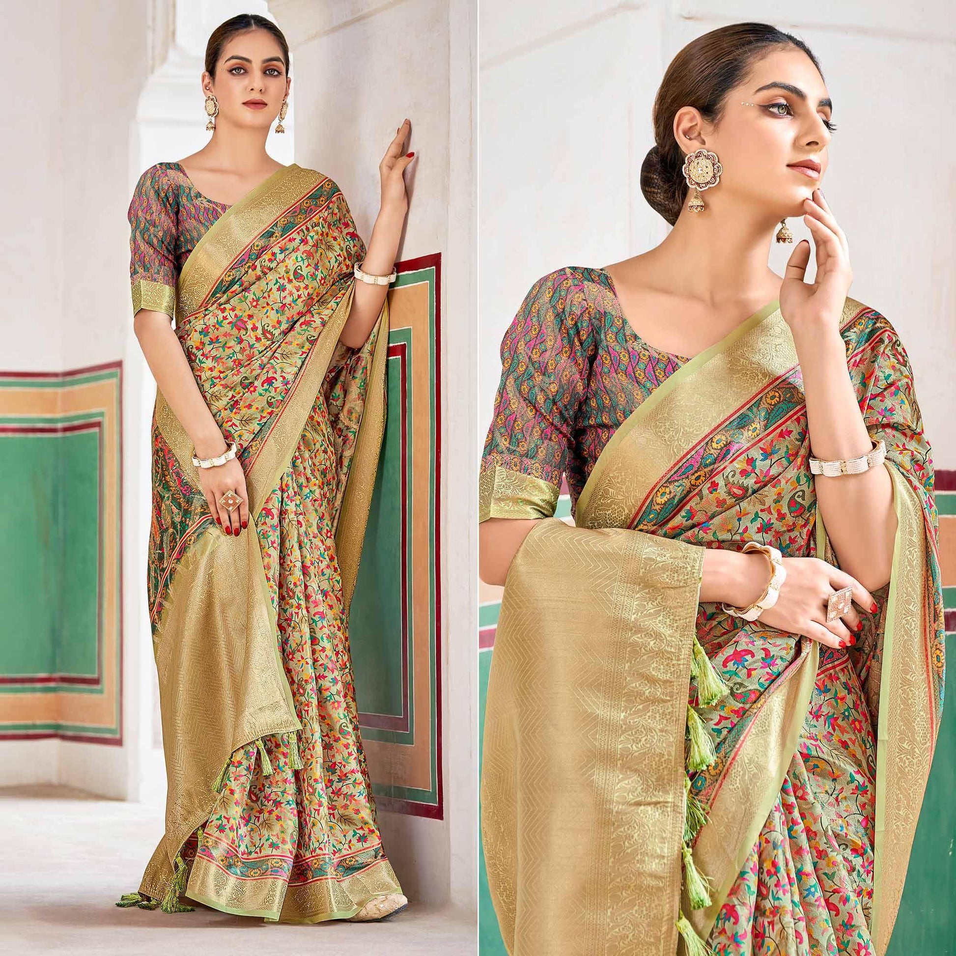 Light Green Woven Art Silk Saree With Tassels