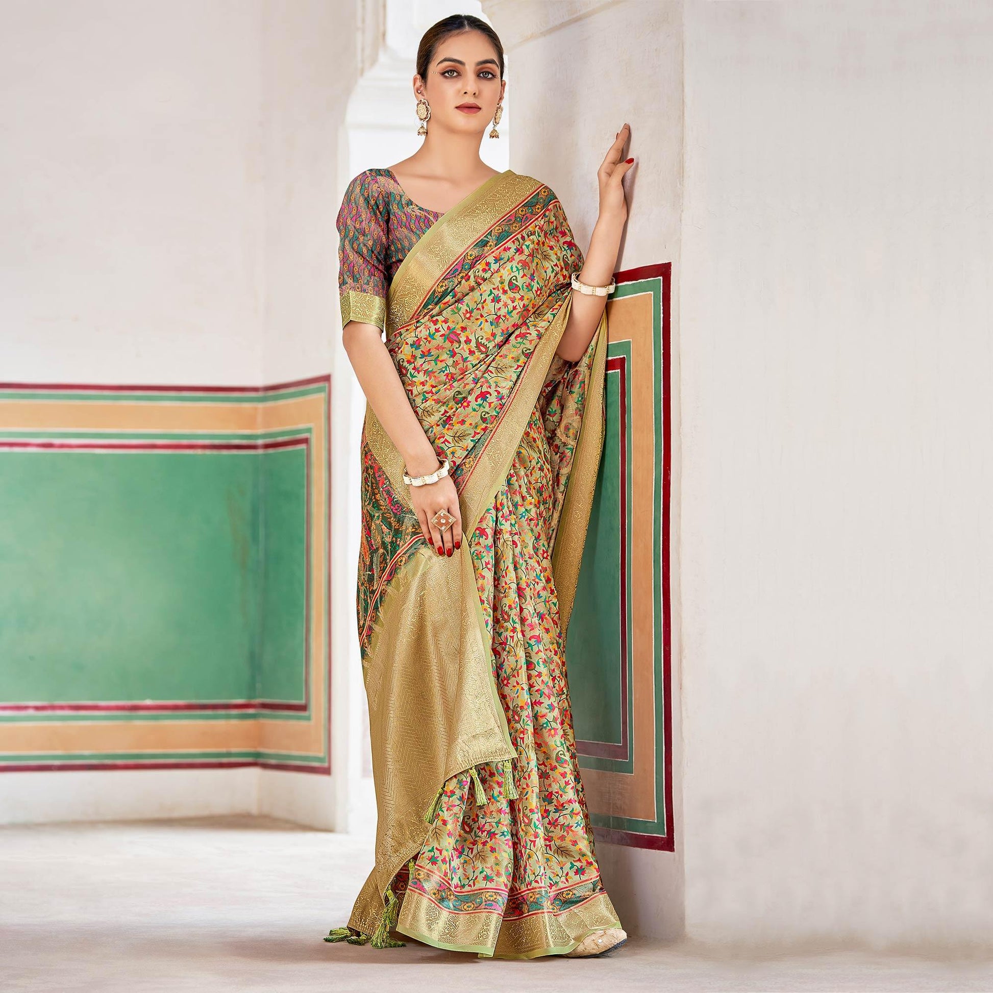 Light Green Woven Art Silk Saree With Tassels