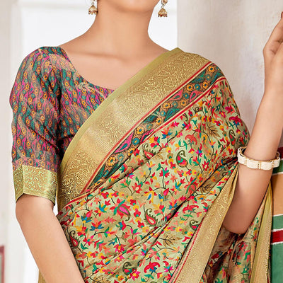 Light Green Woven Art Silk Saree With Tassels