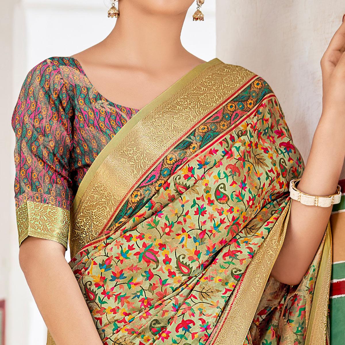 Light Green Woven Art Silk Saree With Tassels