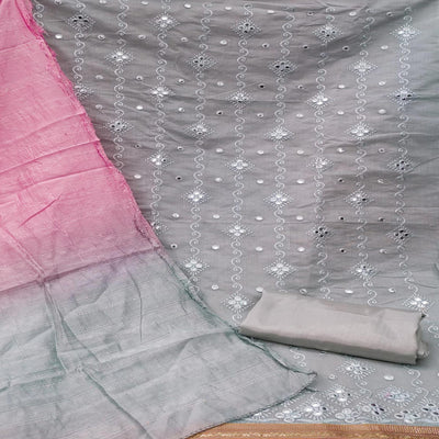 Light Grey Casual Wear Embroidered Chanderi Dress Material