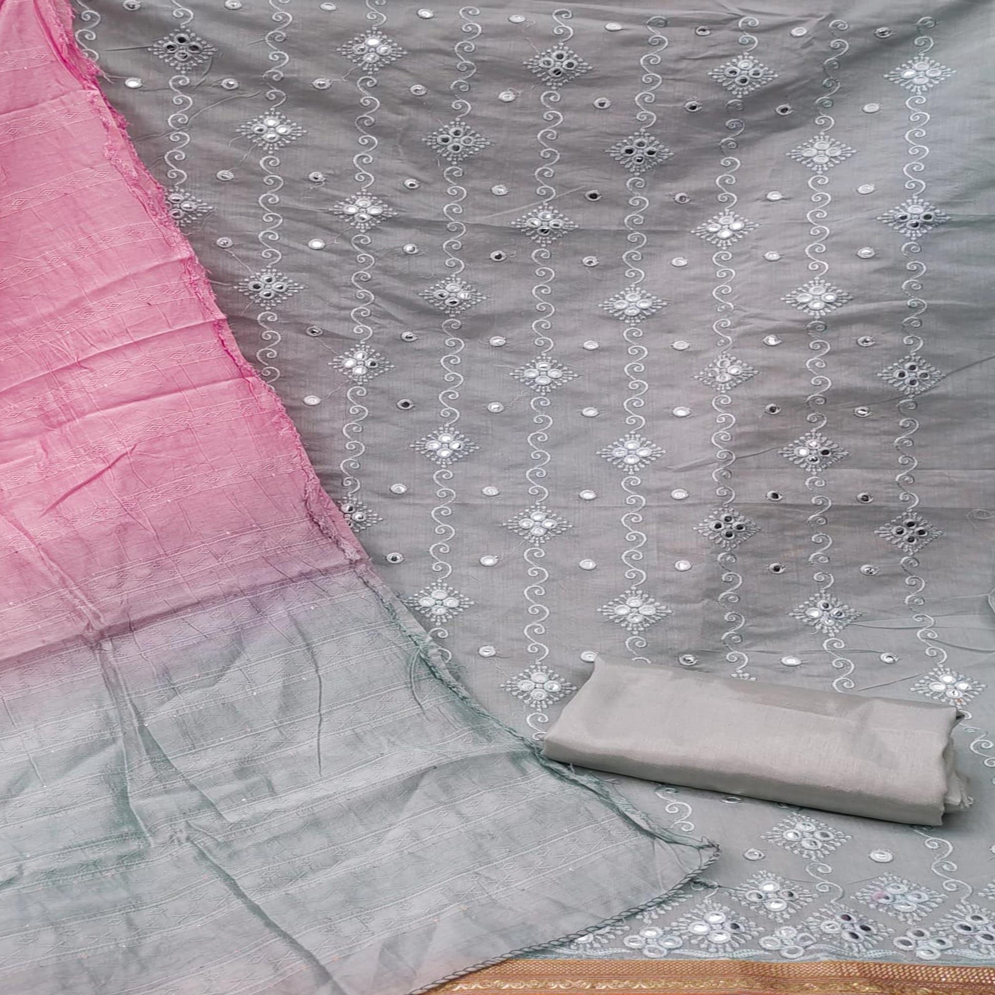 Light Grey Casual Wear Embroidered Chanderi Dress Material
