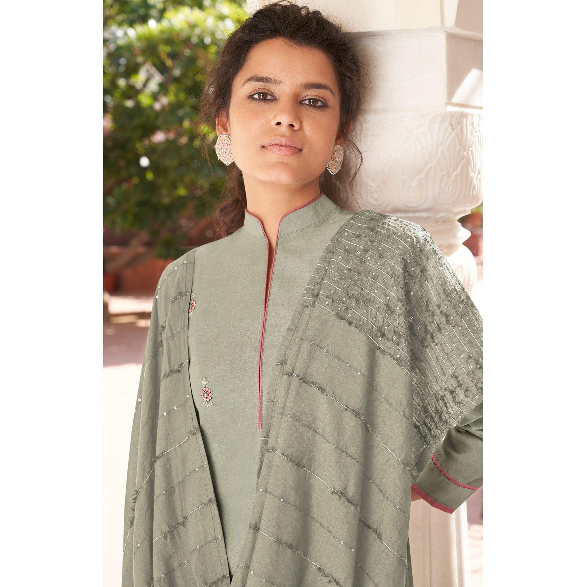 Light Grey Casual Wear Embroidered Pure Modal Viscose Palazzo Suit