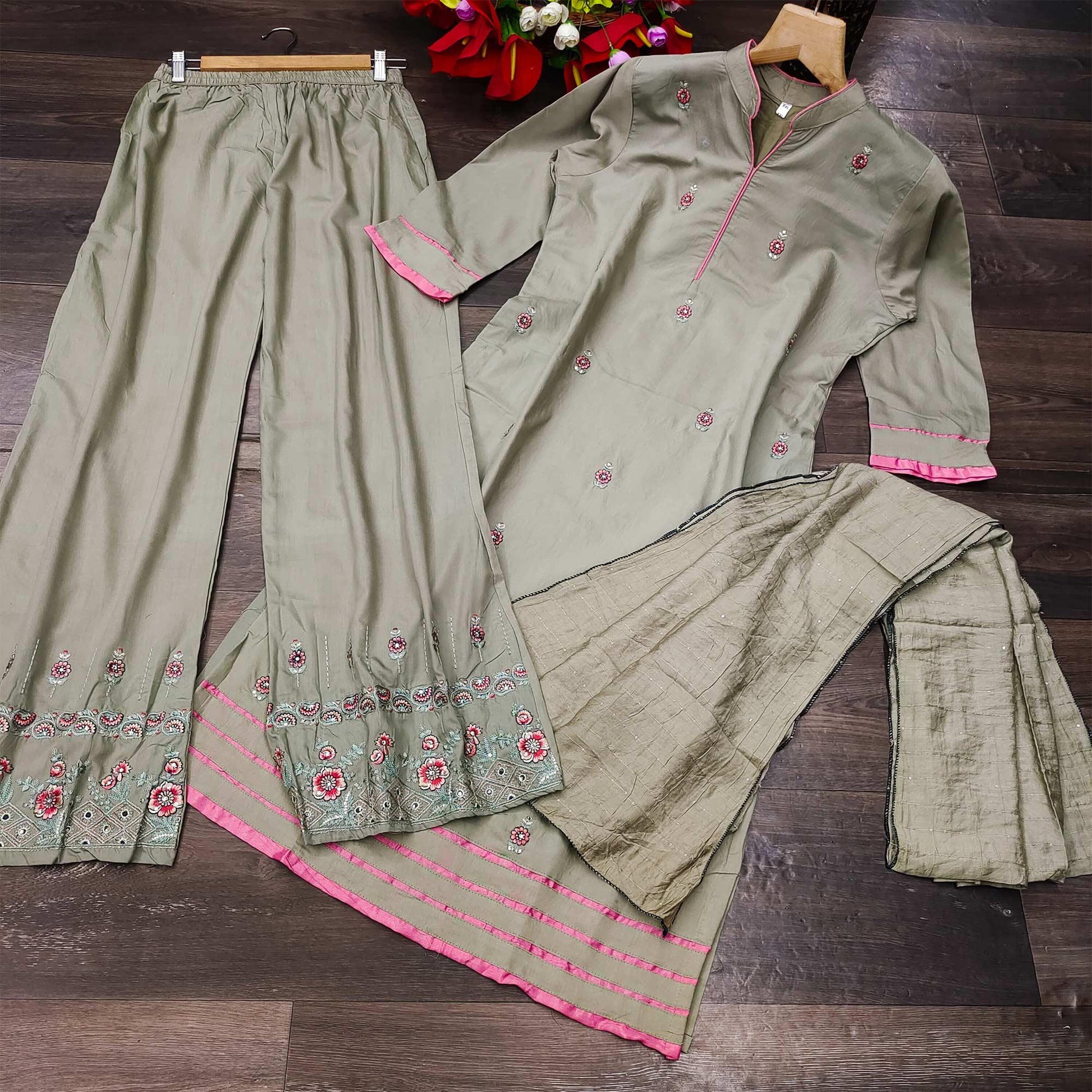 Light Grey Casual Wear Embroidered Pure Modal Viscose Palazzo Suit