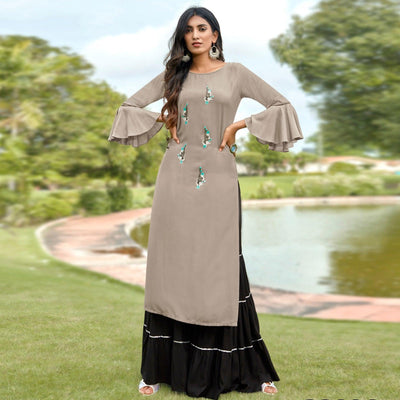 Light Grey Casual Wear Embroidered Rayon Palazzo Suit