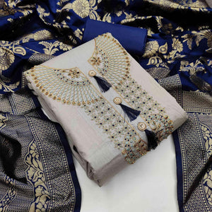 Light Grey Casual Wear Floral Embroidery Cotton Dress Material