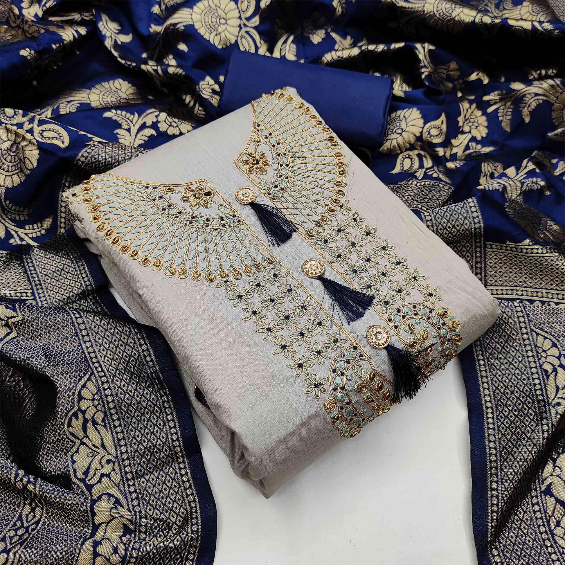 Light Grey Casual Wear Floral Embroidery Cotton Dress Material