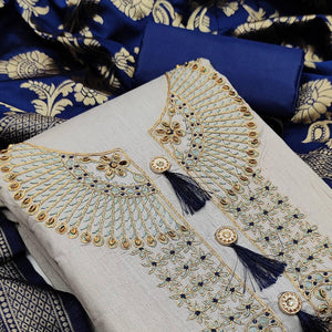 Light Grey Casual Wear Floral Embroidery Cotton Dress Material