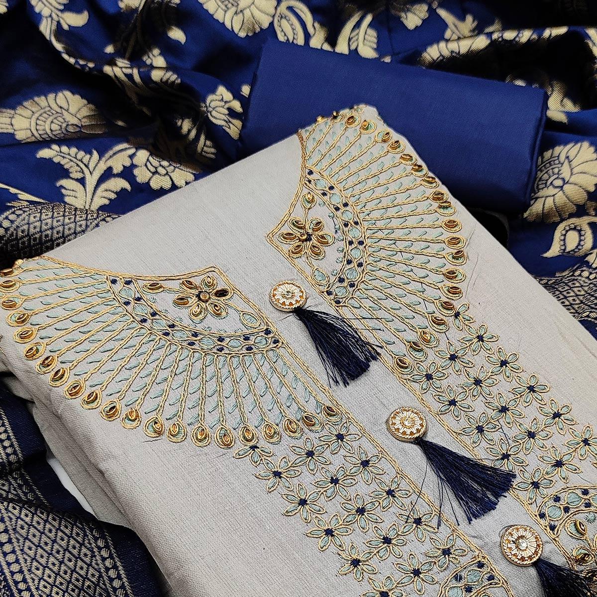Light Grey Casual Wear Floral Embroidery Cotton Dress Material