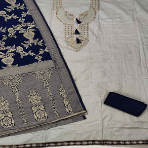 Light Grey Casual Wear Floral Embroidery Cotton Dress Material