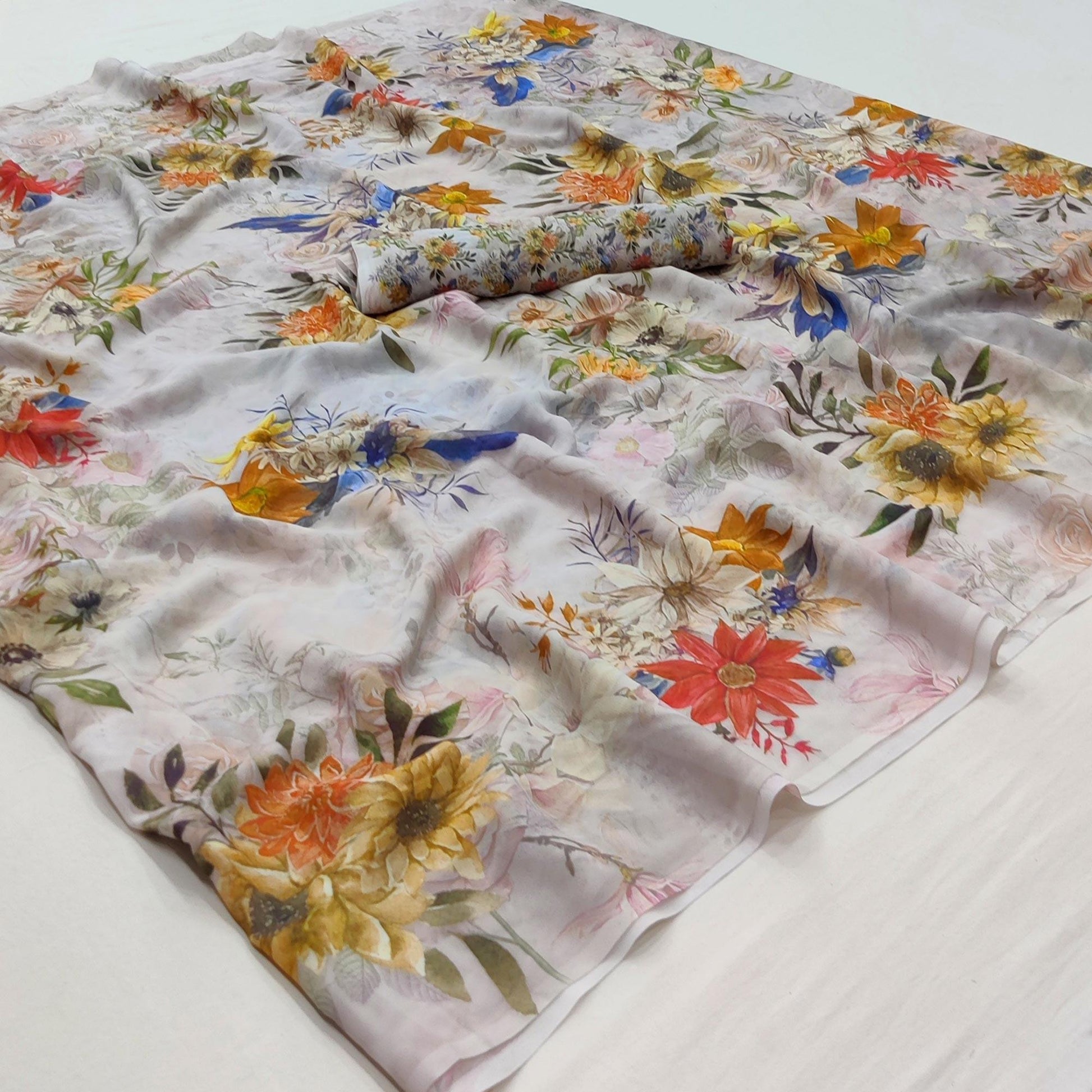 Light Grey Floral Digital Printed Georgette Saree