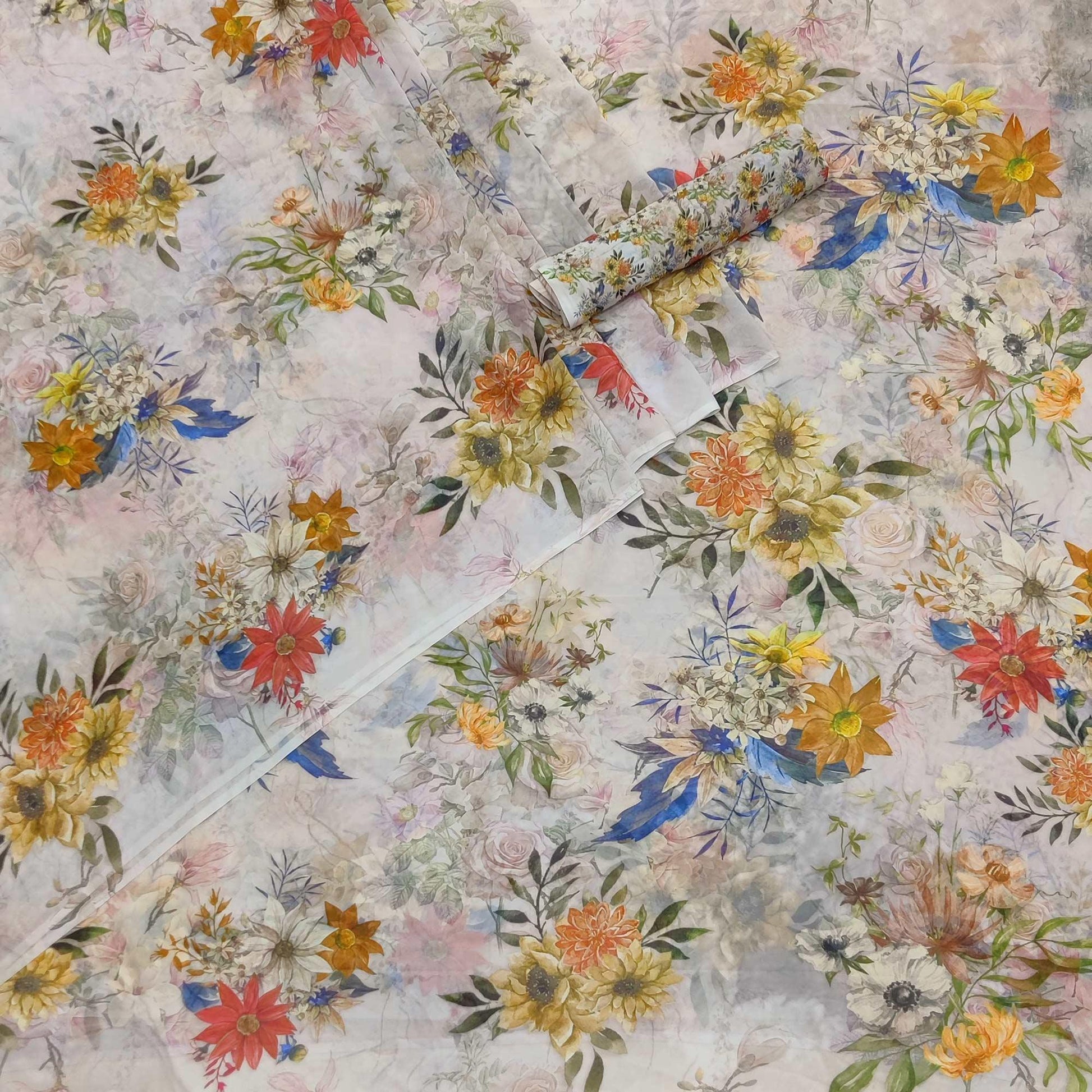 Light Grey Floral Digital Printed Georgette Saree