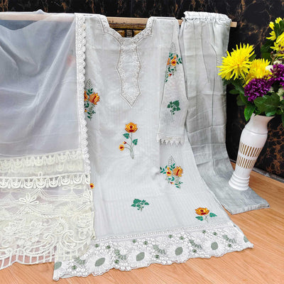 Light Grey Floral Embroidered Georgette Pakistani Suit