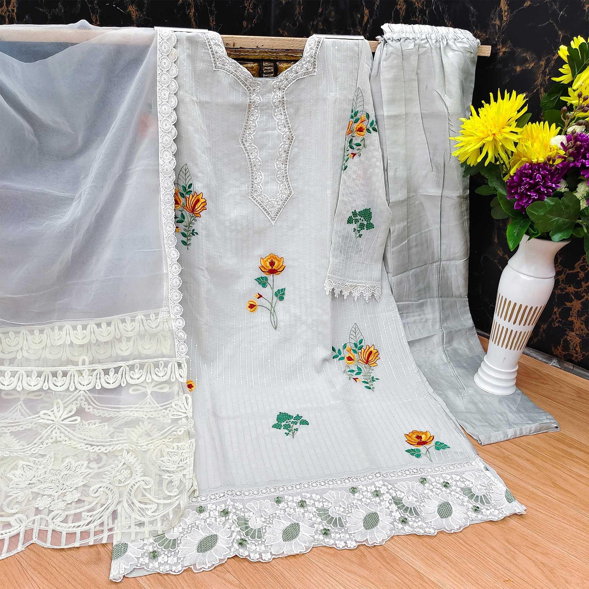 Light Grey Floral Embroidered Georgette Pakistani Suit