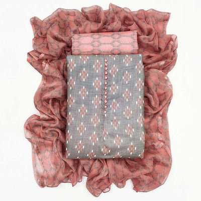 Light Grey Ikkat Printed Cotton Blend Dress Material