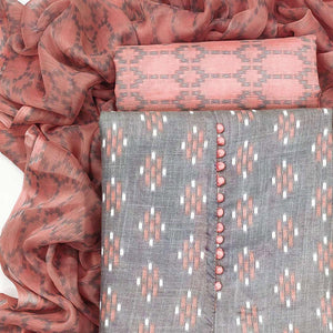 Light Grey Ikkat Printed Cotton Blend Dress Material