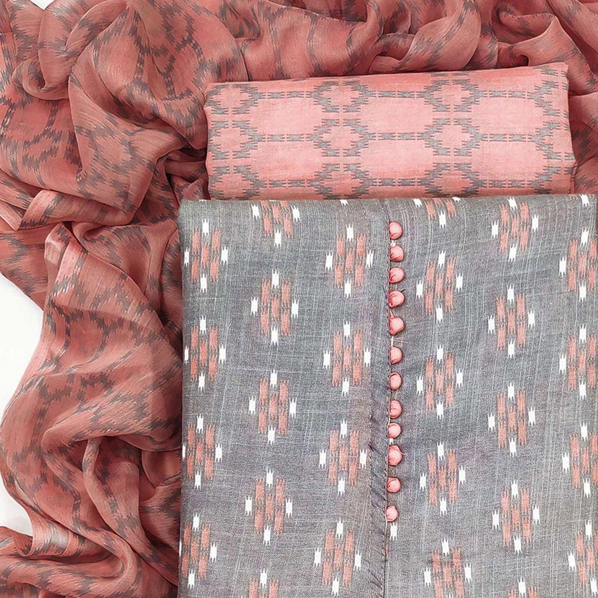 Light Grey Ikkat Printed Cotton Blend Dress Material