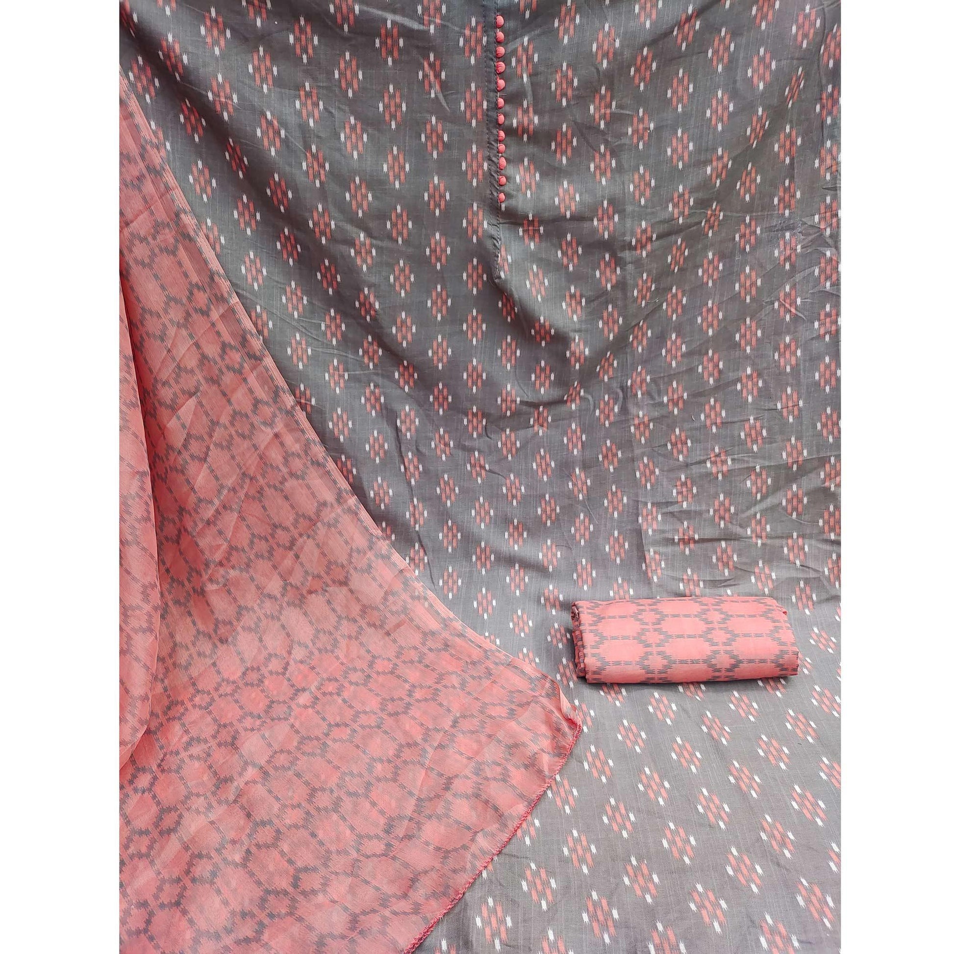 Light Grey Ikkat Printed Cotton Blend Dress Material