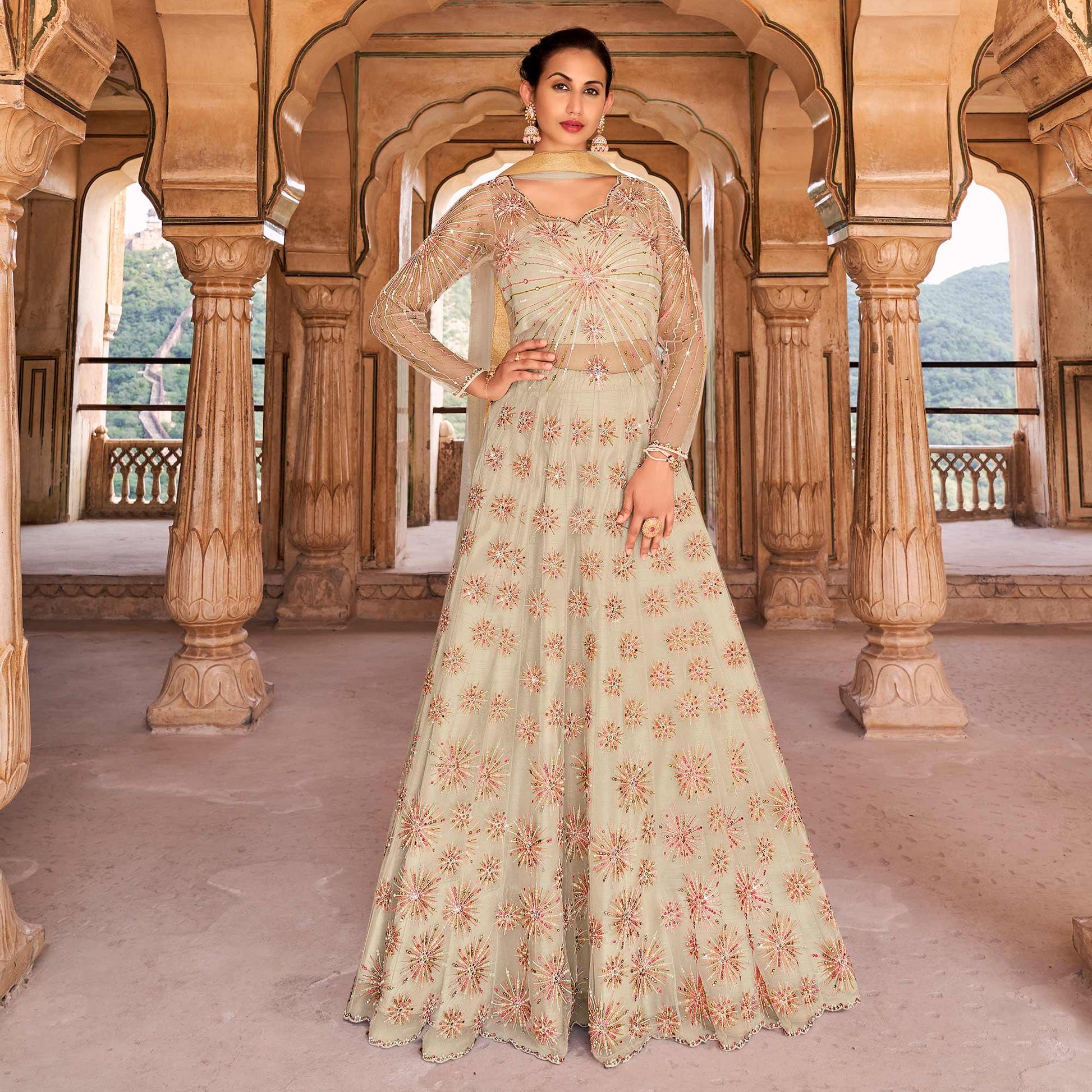 Light Grey Partywear Embroidered & Swarovski Work Soft Net Gown