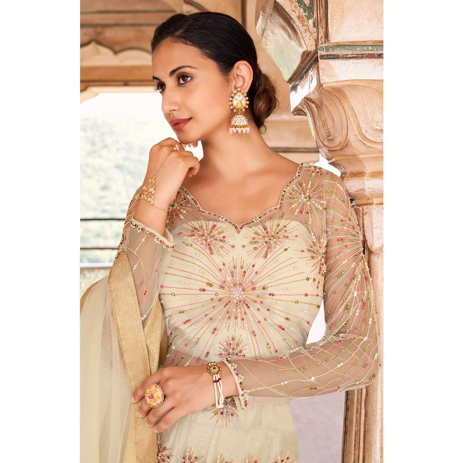 Light Grey Partywear Embroidered & Swarovski Work Soft Net Gown
