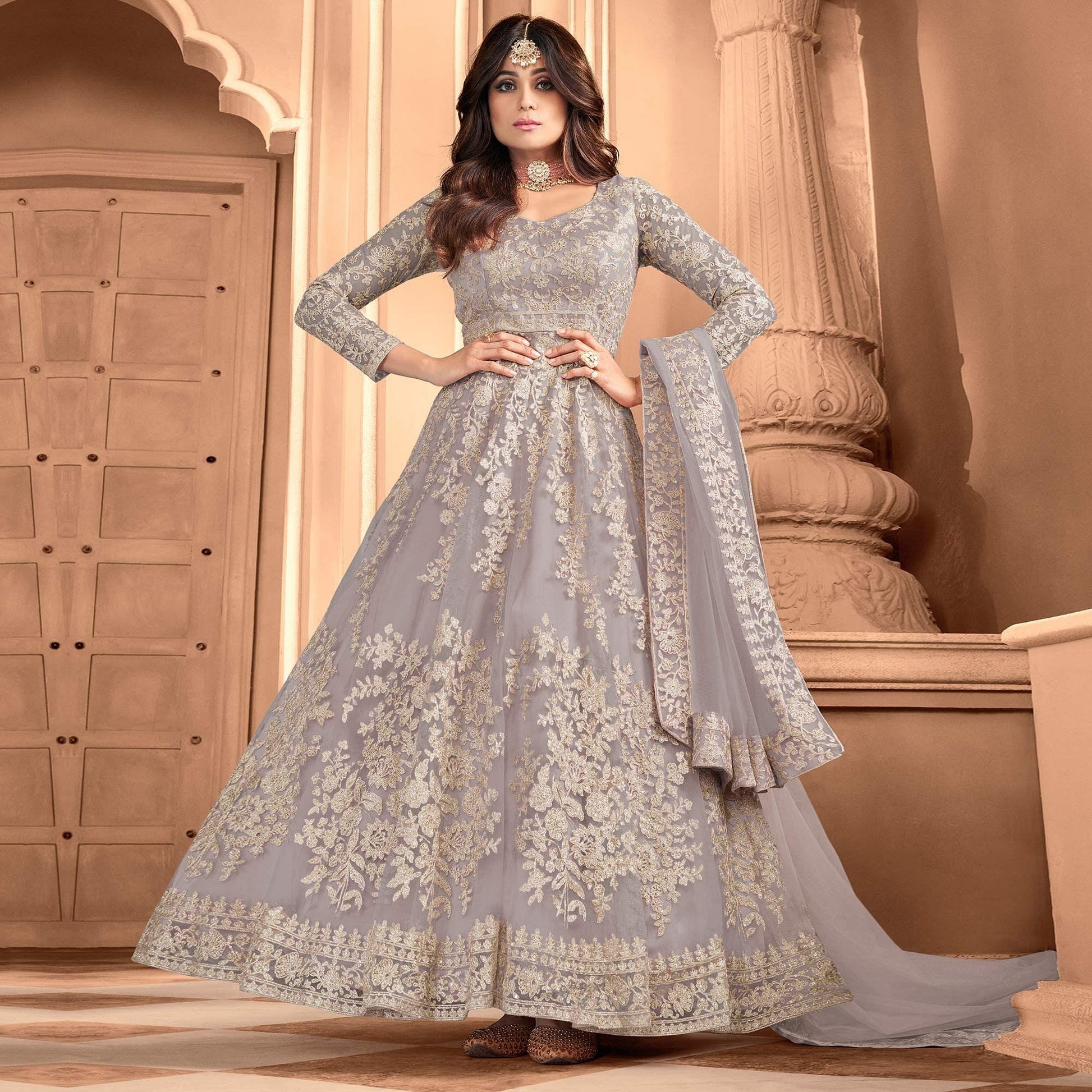 Light Grey Partywear Floral Embroidered Net Anarkali Suit