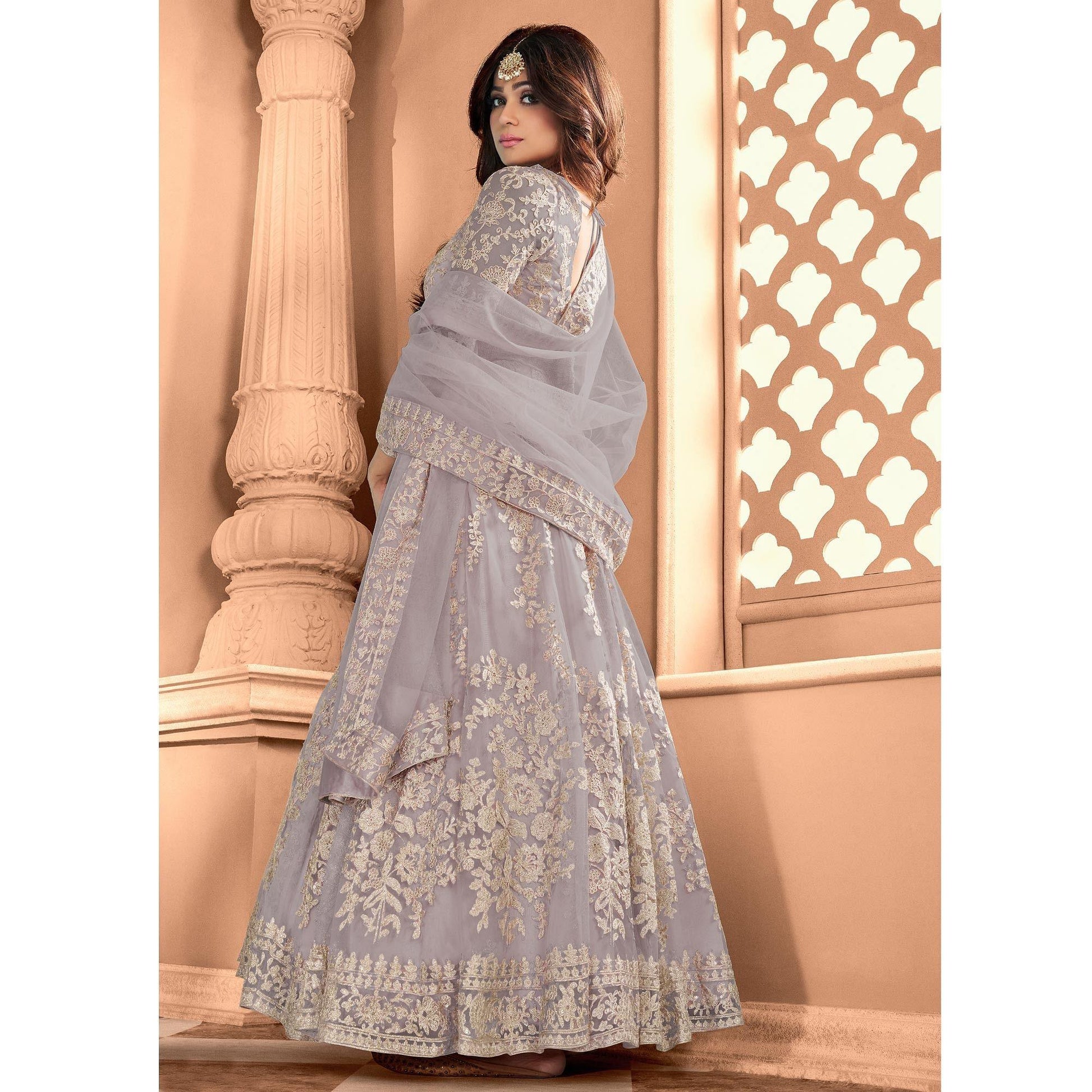 Light Grey Partywear Floral Embroidered Net Anarkali Suit