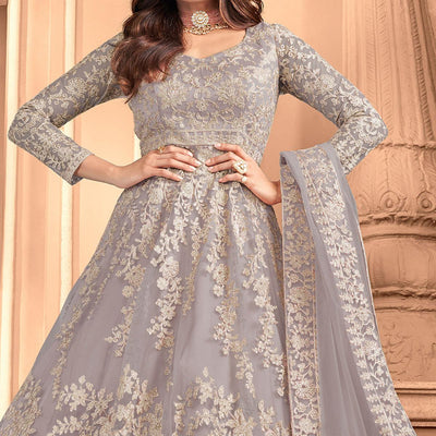 Light Grey Partywear Floral Embroidered Net Anarkali Suit