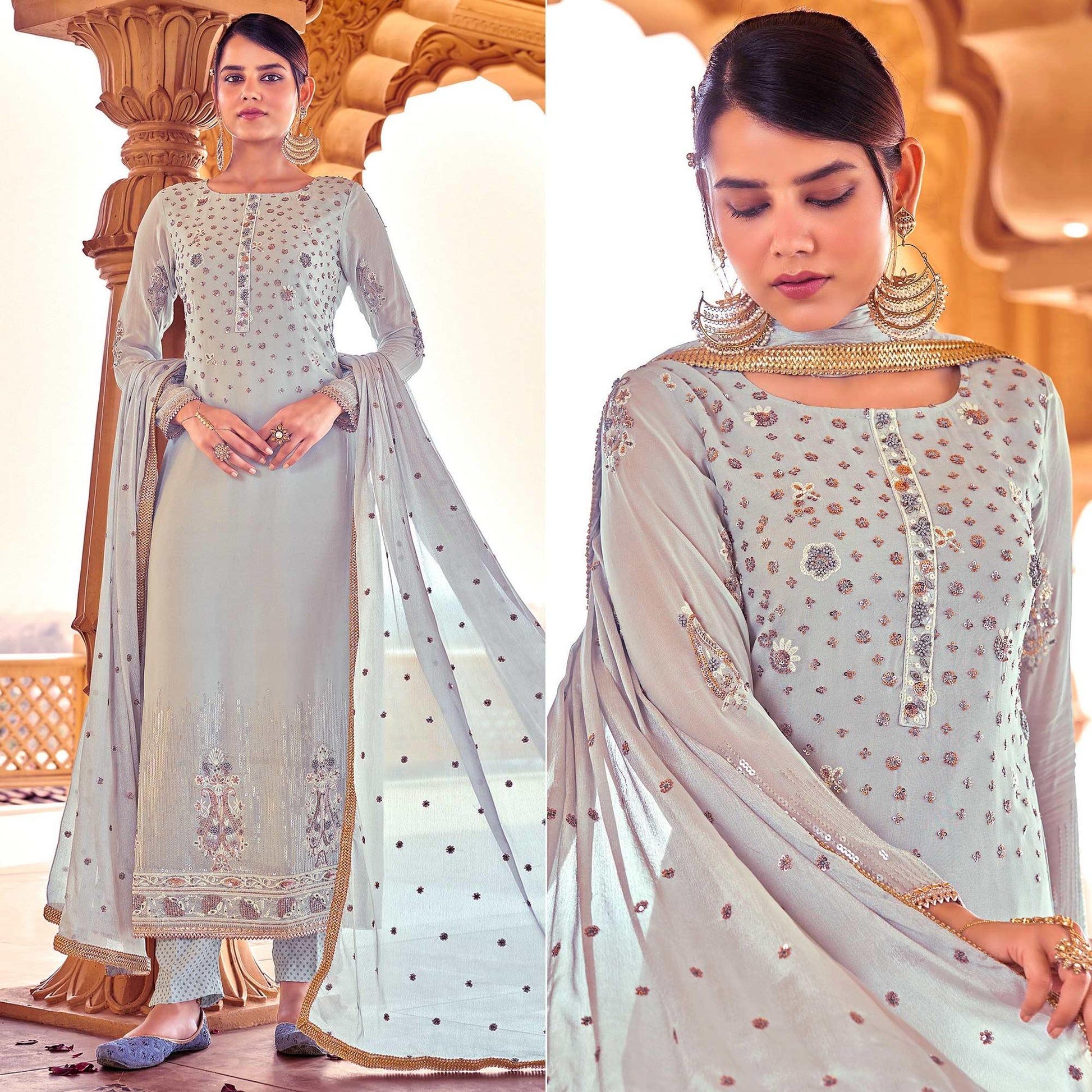 Light Grey Sequins Embroidered Georgette Suit