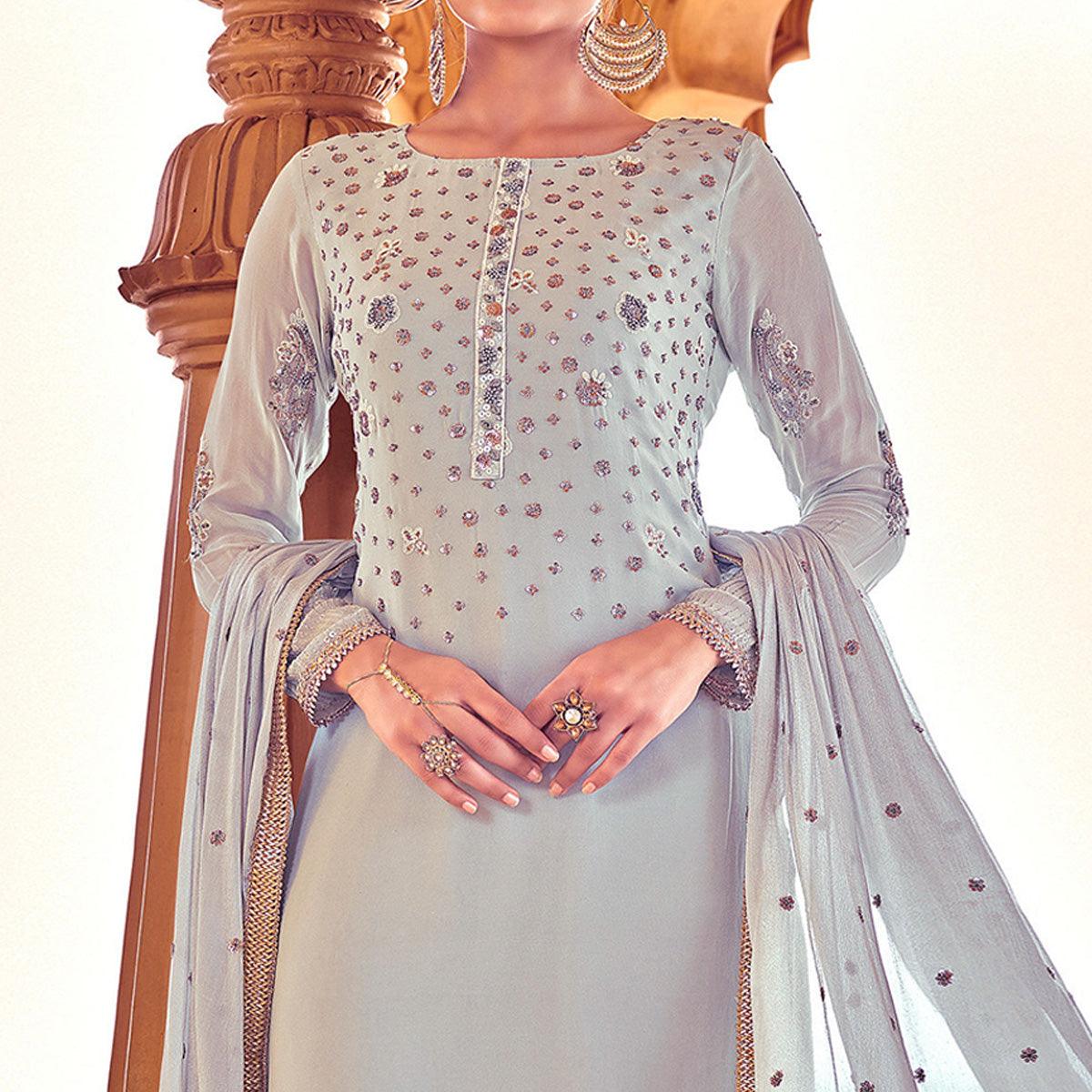 Light Grey Sequins Embroidered Georgette Suit