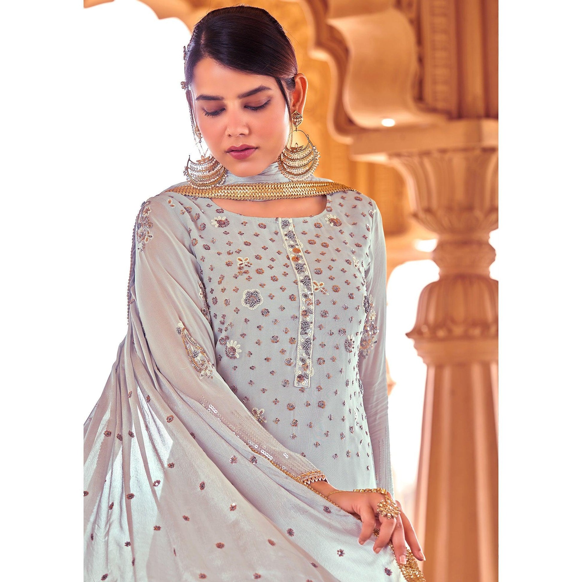 Light Grey Sequins Embroidered Georgette Suit