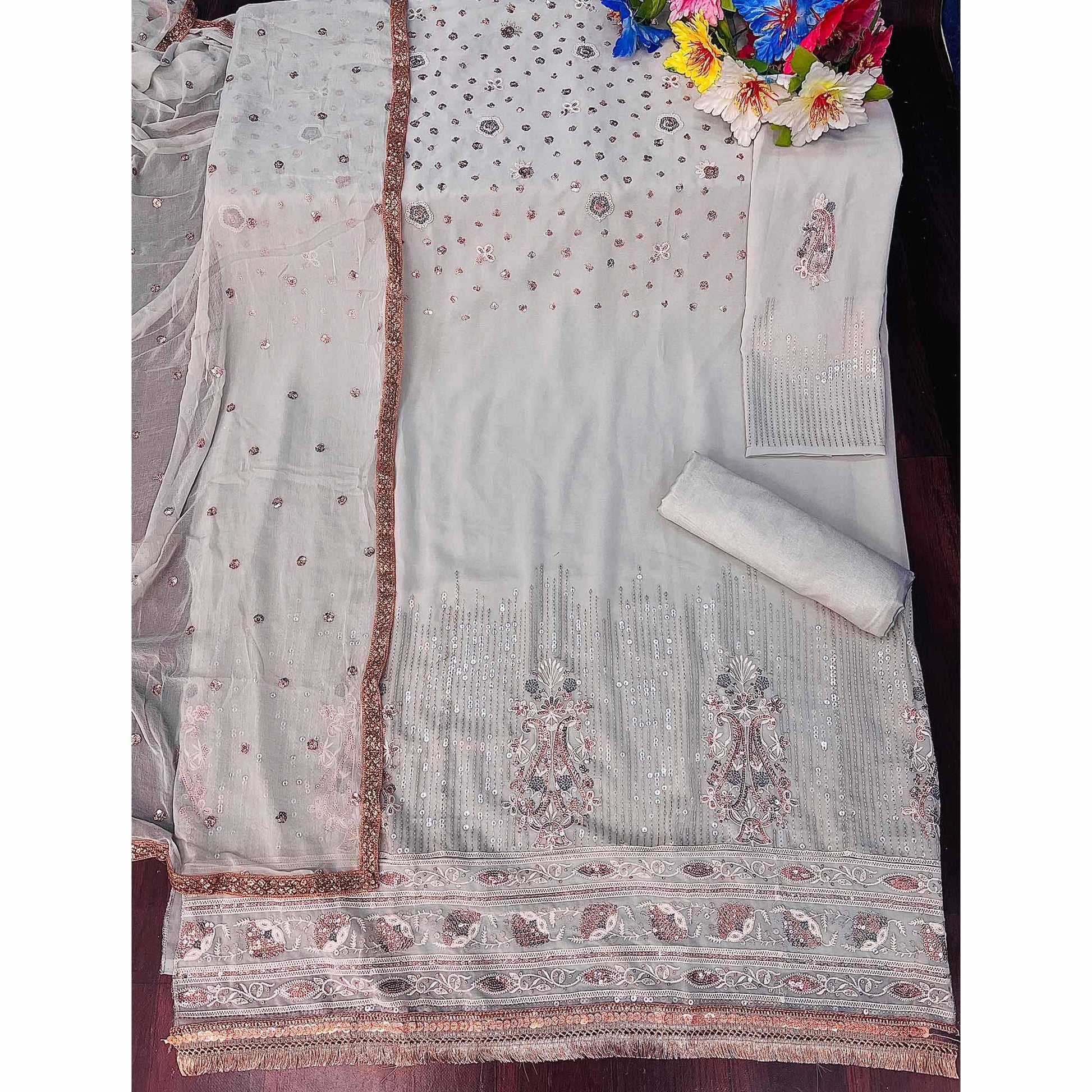 Light Grey Sequins Embroidered Georgette Suit