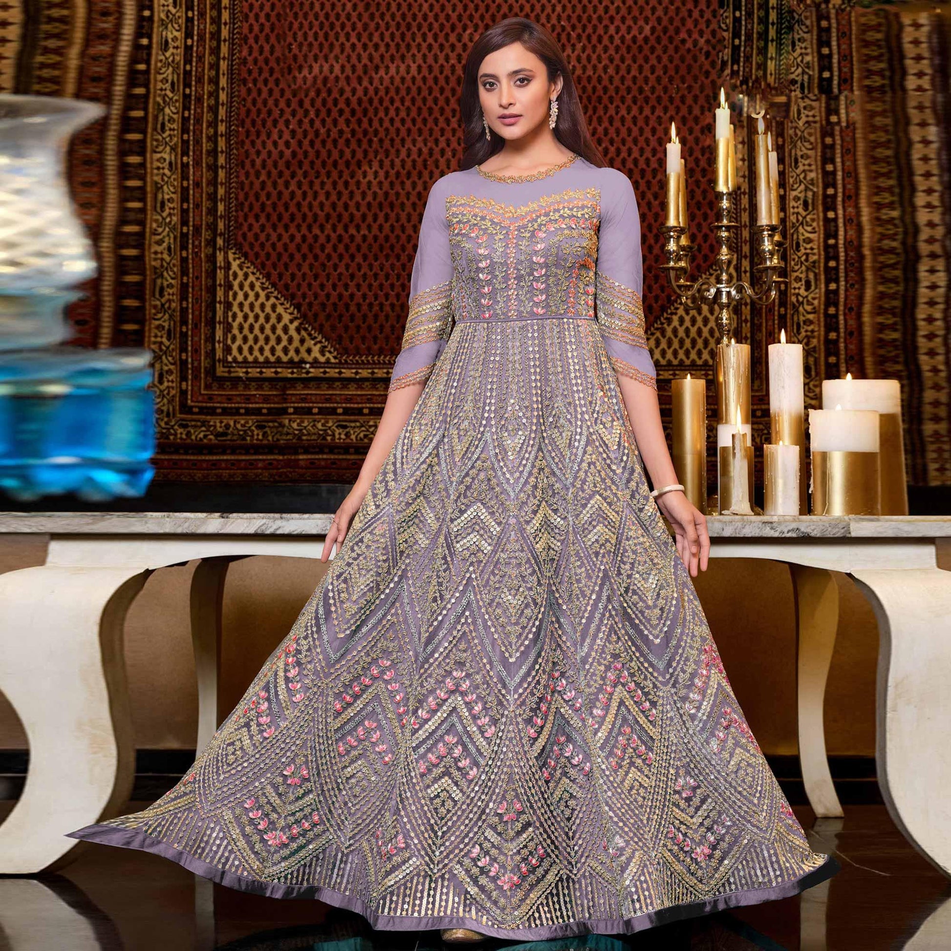 Light Lavendar Designer Partywear Embroidered Heavy Net Anarakali Suit