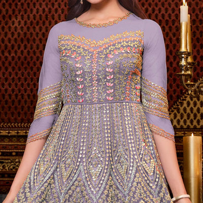 Light Lavendar Designer Partywear Embroidered Heavy Net Anarakali Suit