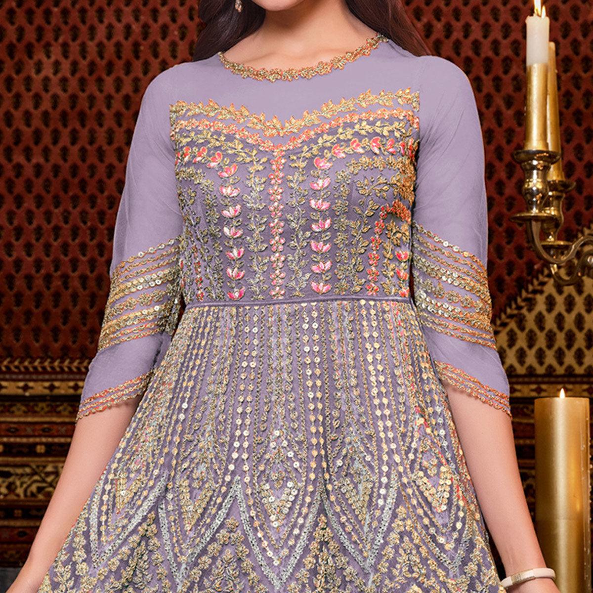 Light Lavendar Designer Partywear Embroidered Heavy Net Anarakali Suit