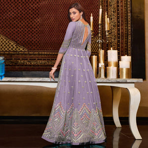 Light Lavendar Designer Partywear Embroidered Heavy Net Anarakali Suit