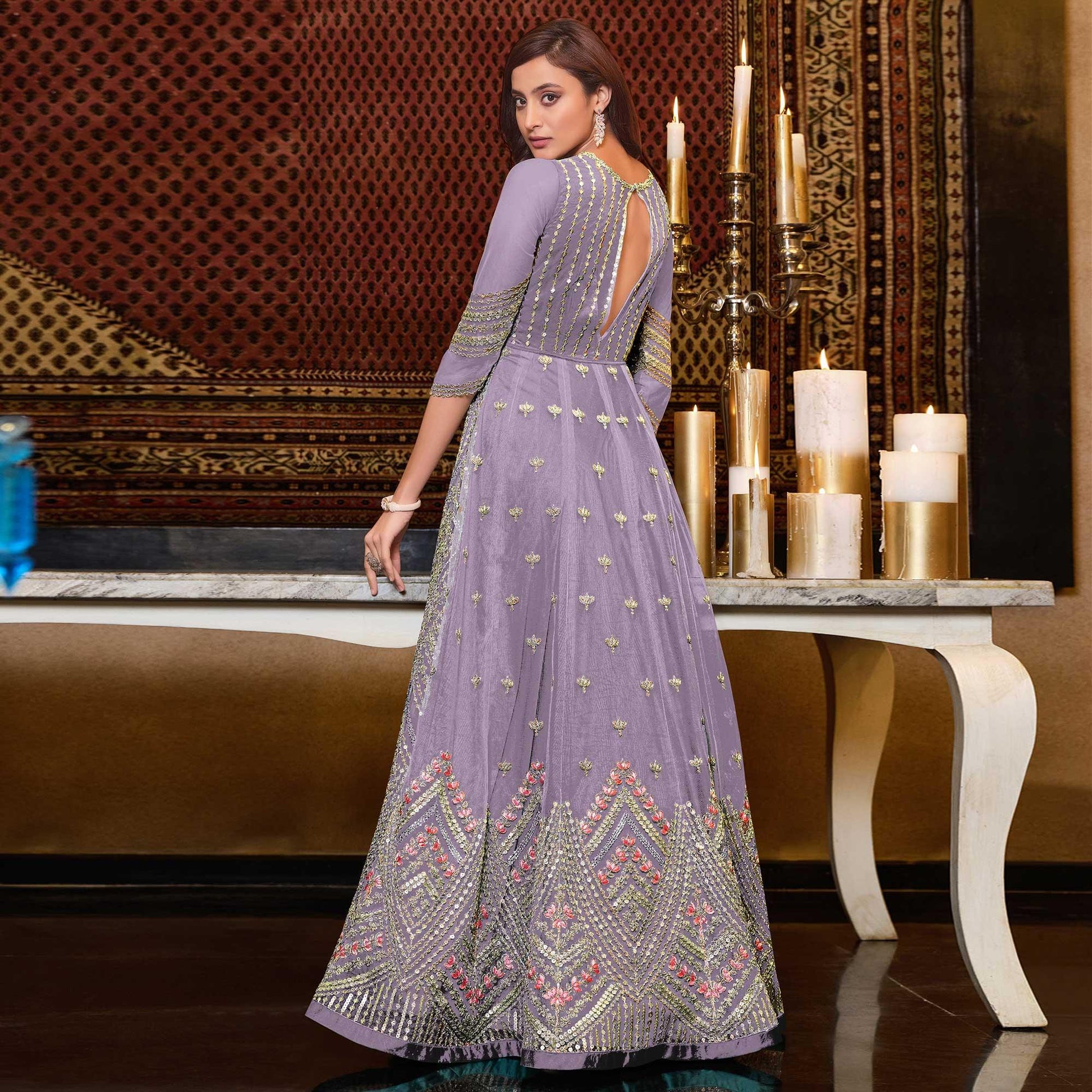 Light Lavendar Designer Partywear Embroidered Heavy Net Anarakali Suit